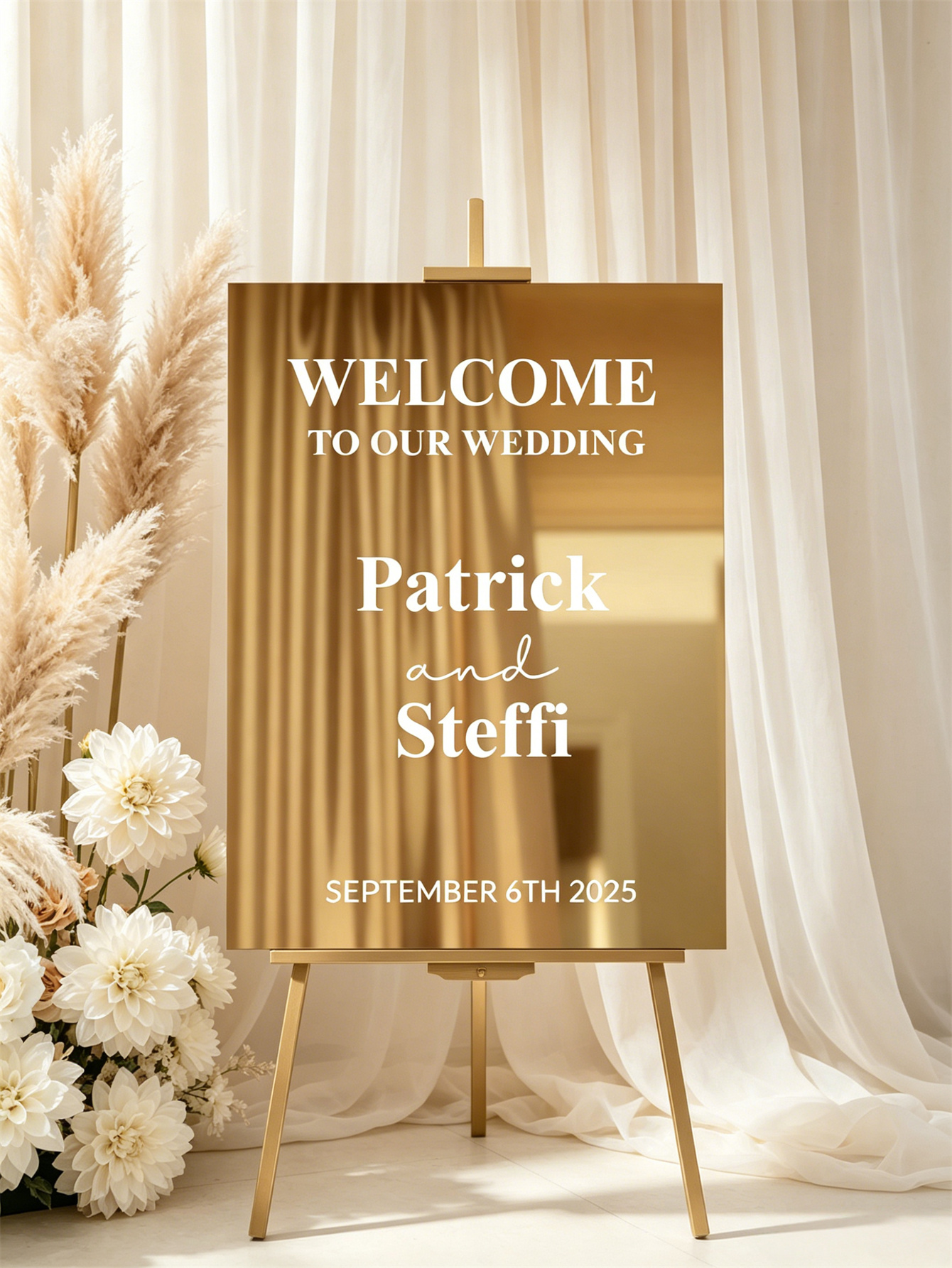 Mirror acrylic welcome signs, golden mirror wedding direction signs, custom wedding direction signs, ceremony welcome signs
